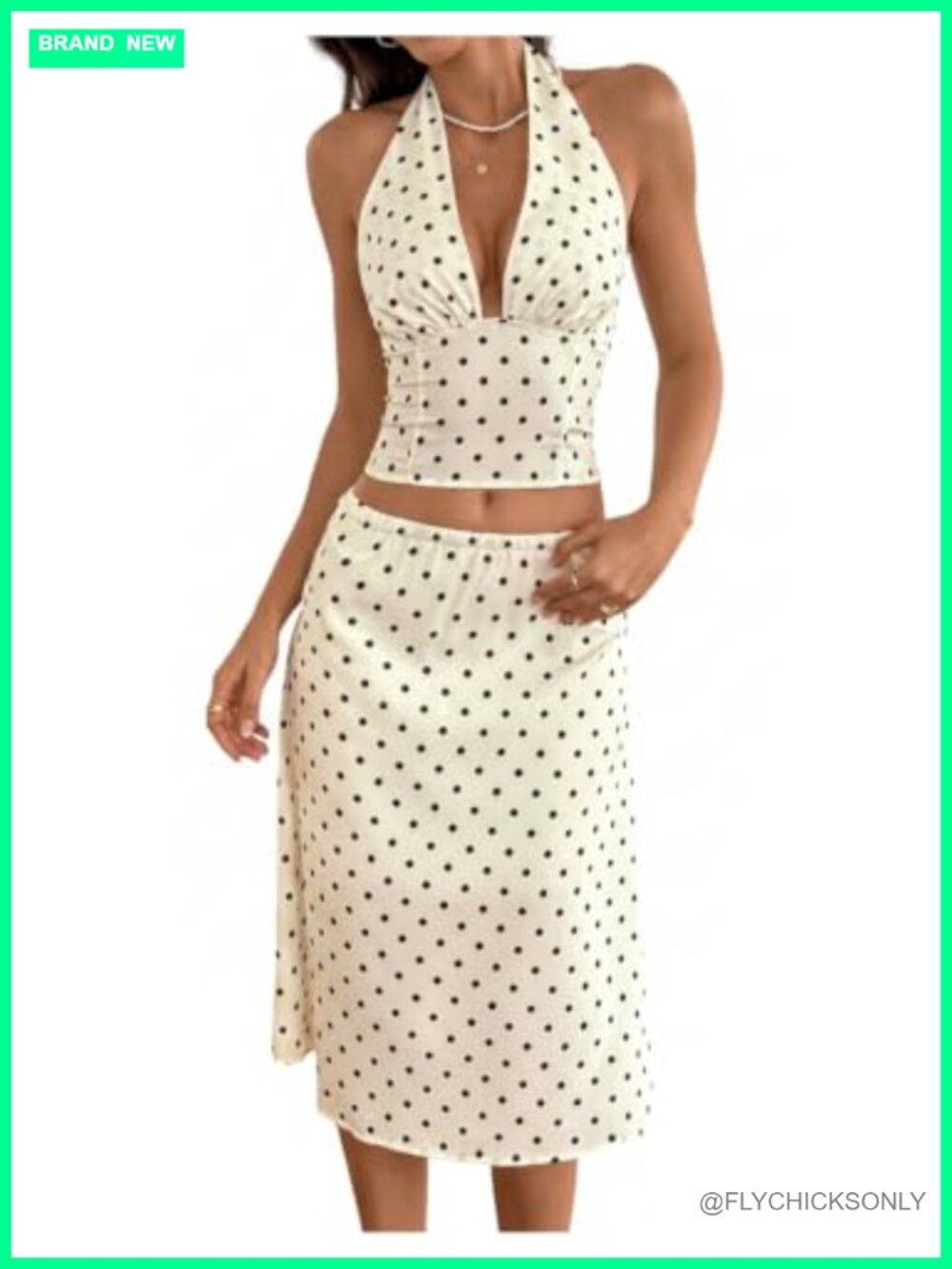 Two Piece Polka Dots Skirt Set Halter Top Midi Skirt